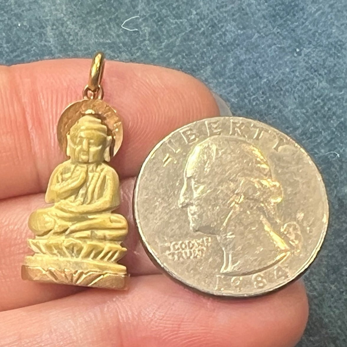 18k Gold Ancient Carved Jade Meditating Buddha Pendant. Lotus Blossom