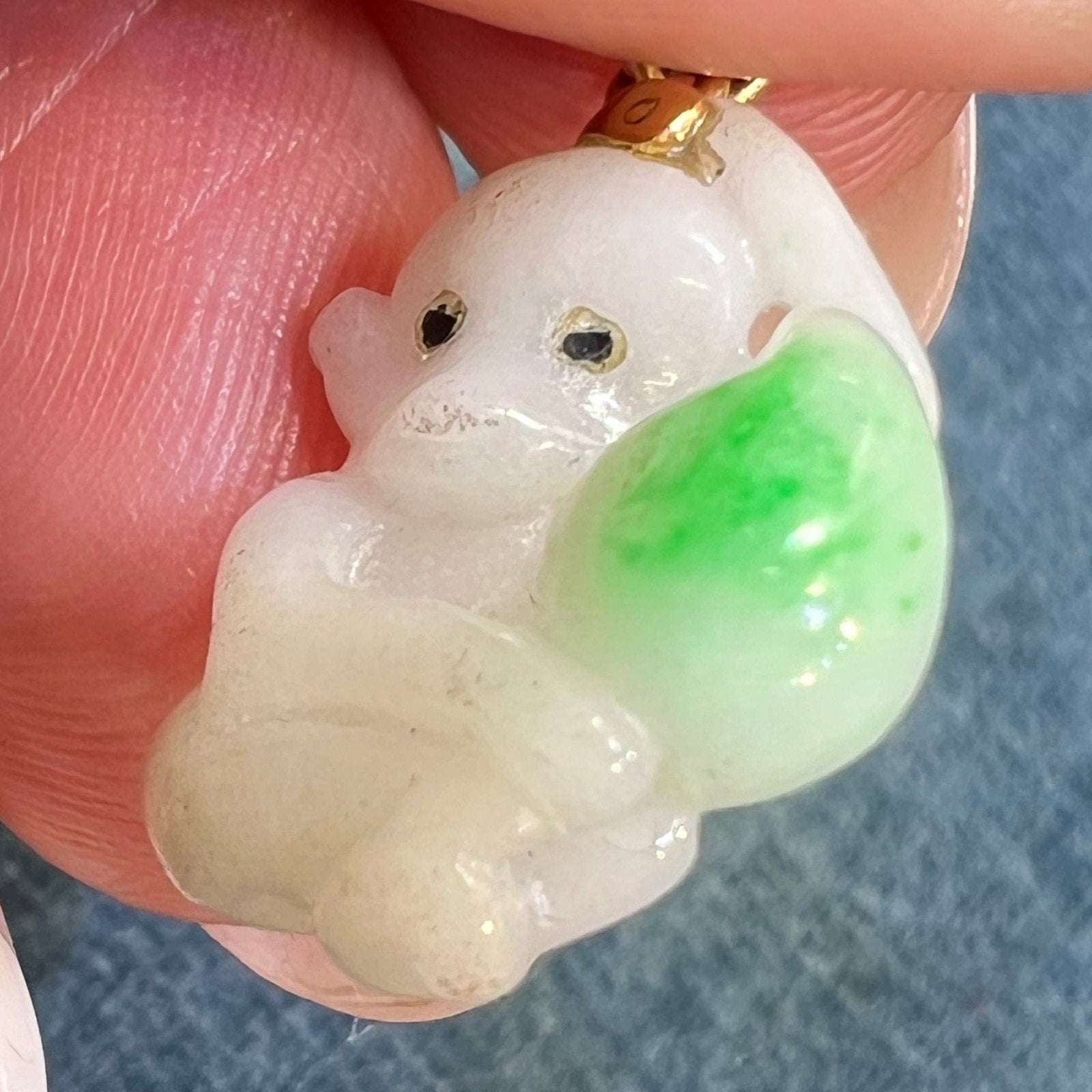 18k Gold Antique Carved Jade Baby Monkey + Peach Pendant. Long Life!