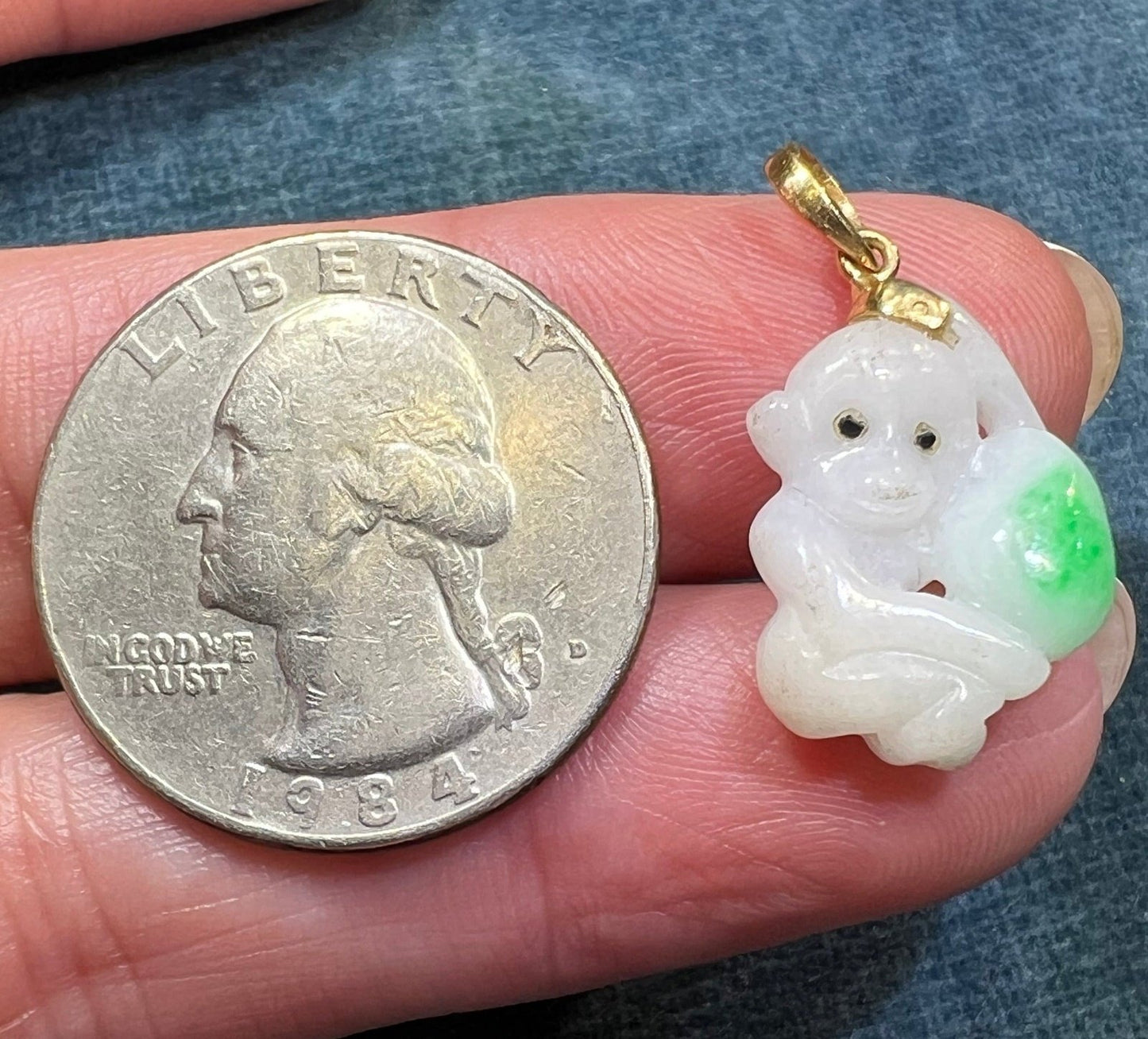 18k Gold Antique Carved Jade Baby Monkey + Peach Pendant. Long Life!
