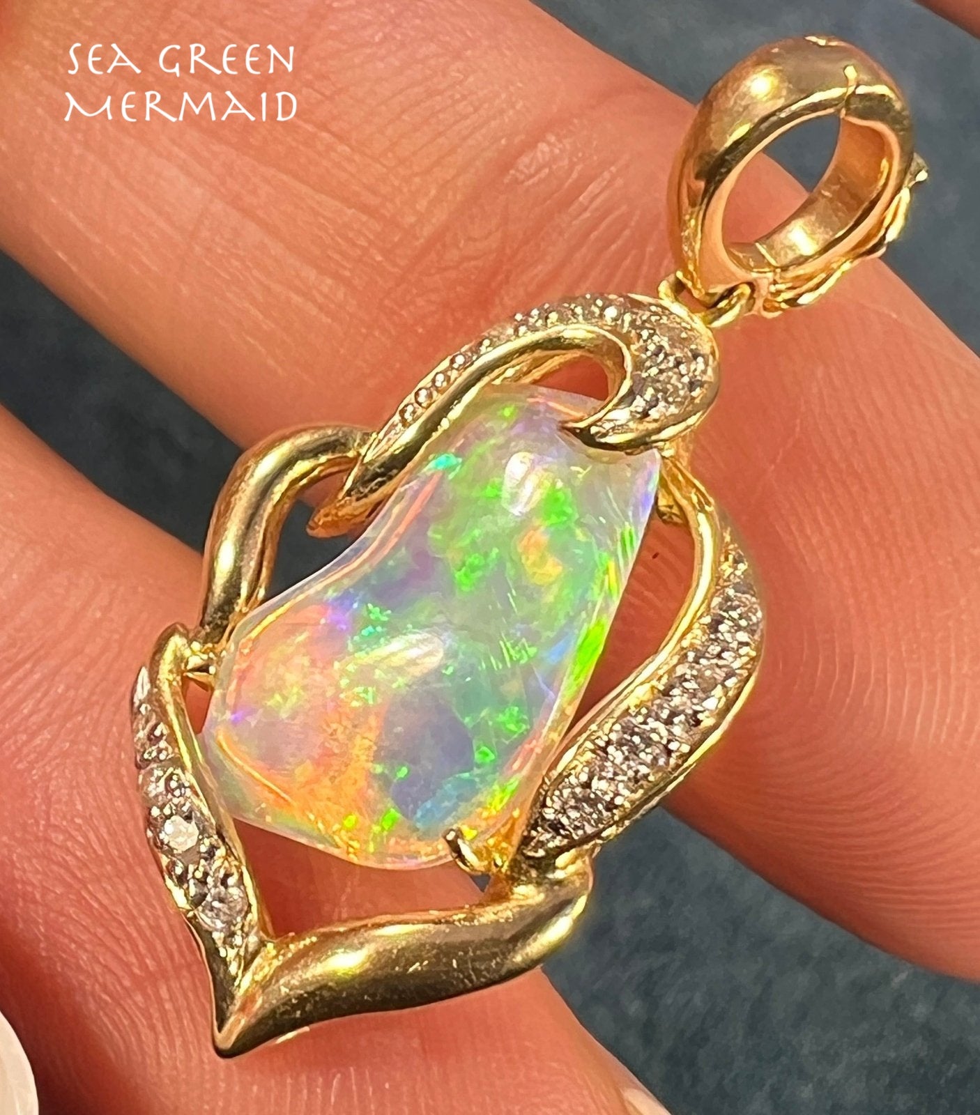 18k Gold Australian FINEST Jelly Opal Pendant w Diamonds *Video*