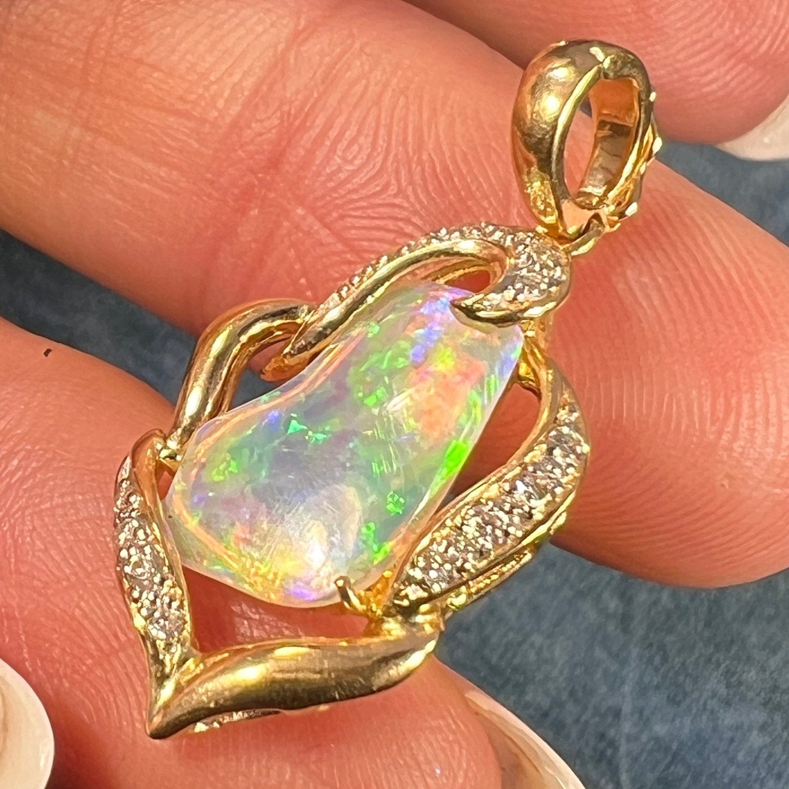 18k Gold Australian FINEST Jelly Opal Pendant w Diamonds *Video*