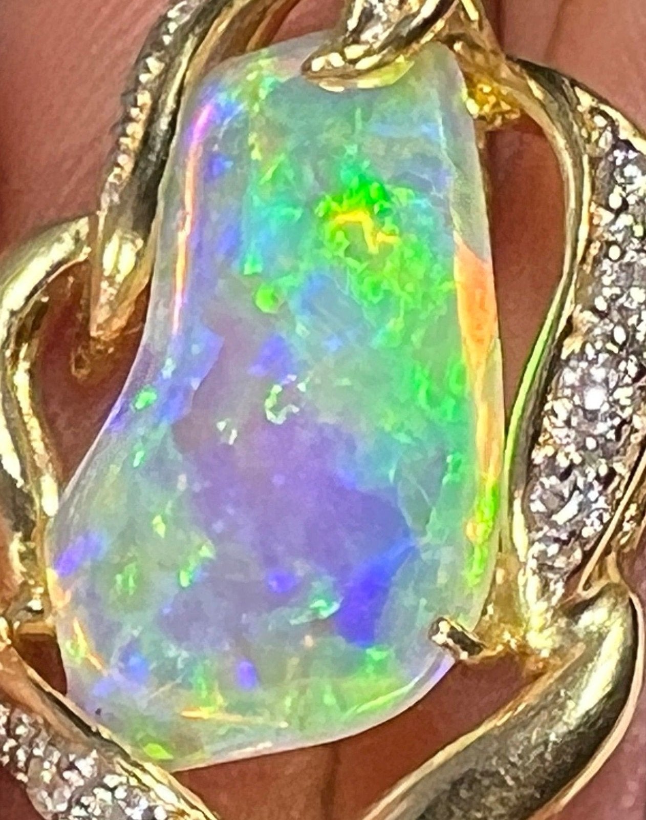 18k Gold Australian FINEST Jelly Opal Pendant w Diamonds *Video*