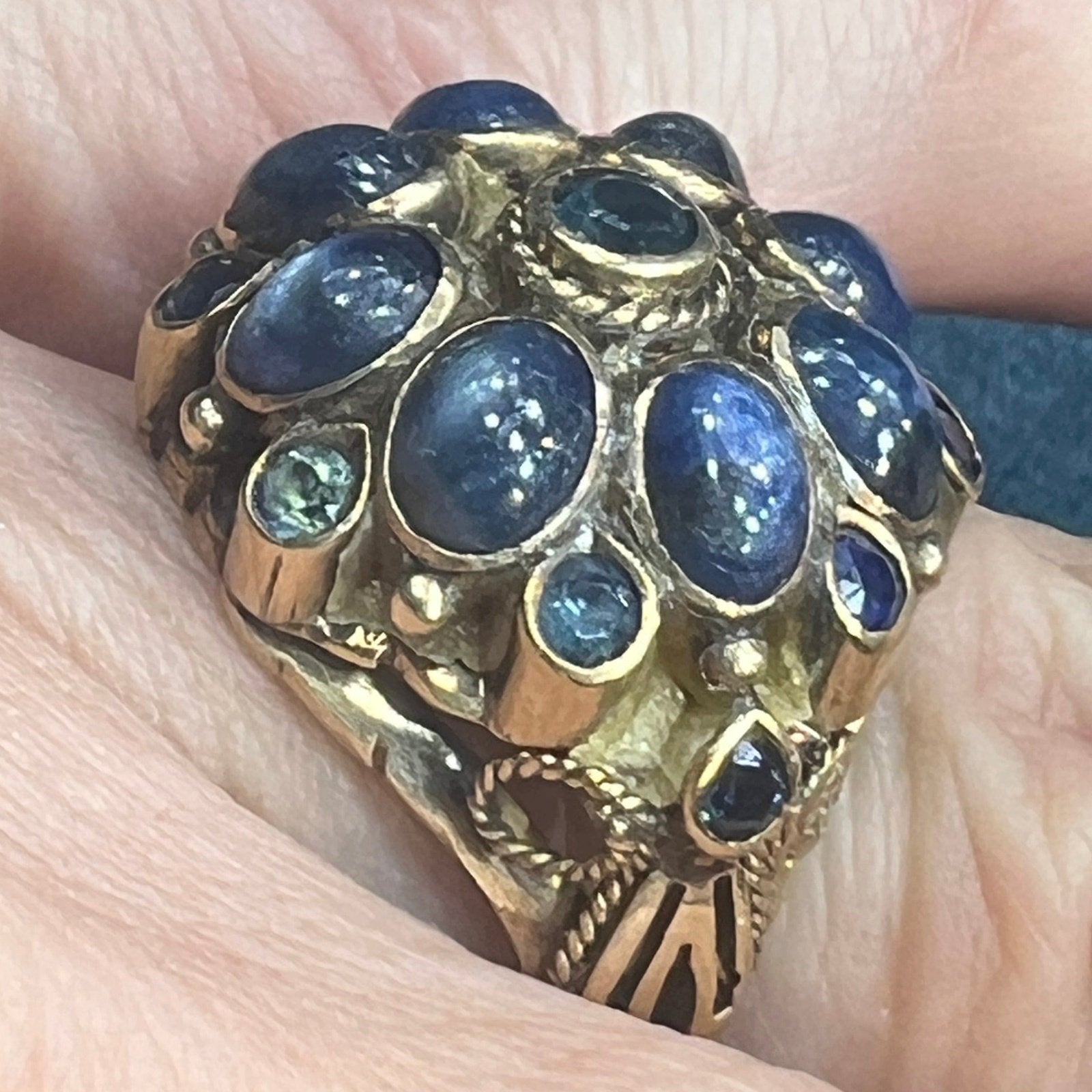 18k Gold Blue Star Sapphire Harem "Sunburst" Ring. 3/4" & 6.7g *Video*