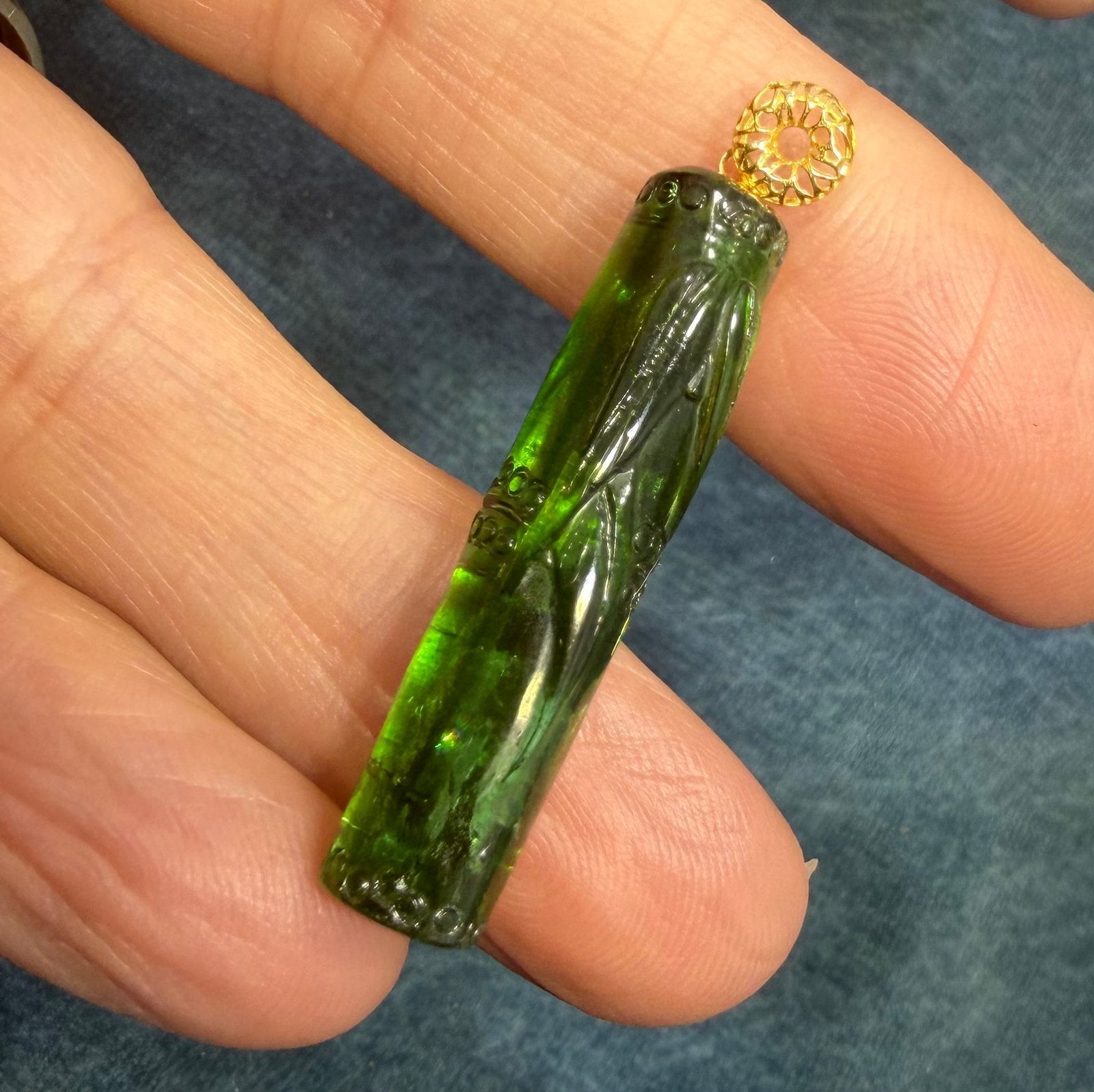 18k Gold Carved Green Tourmaline BAMBOO Pendant. Large 1.5" *Video*