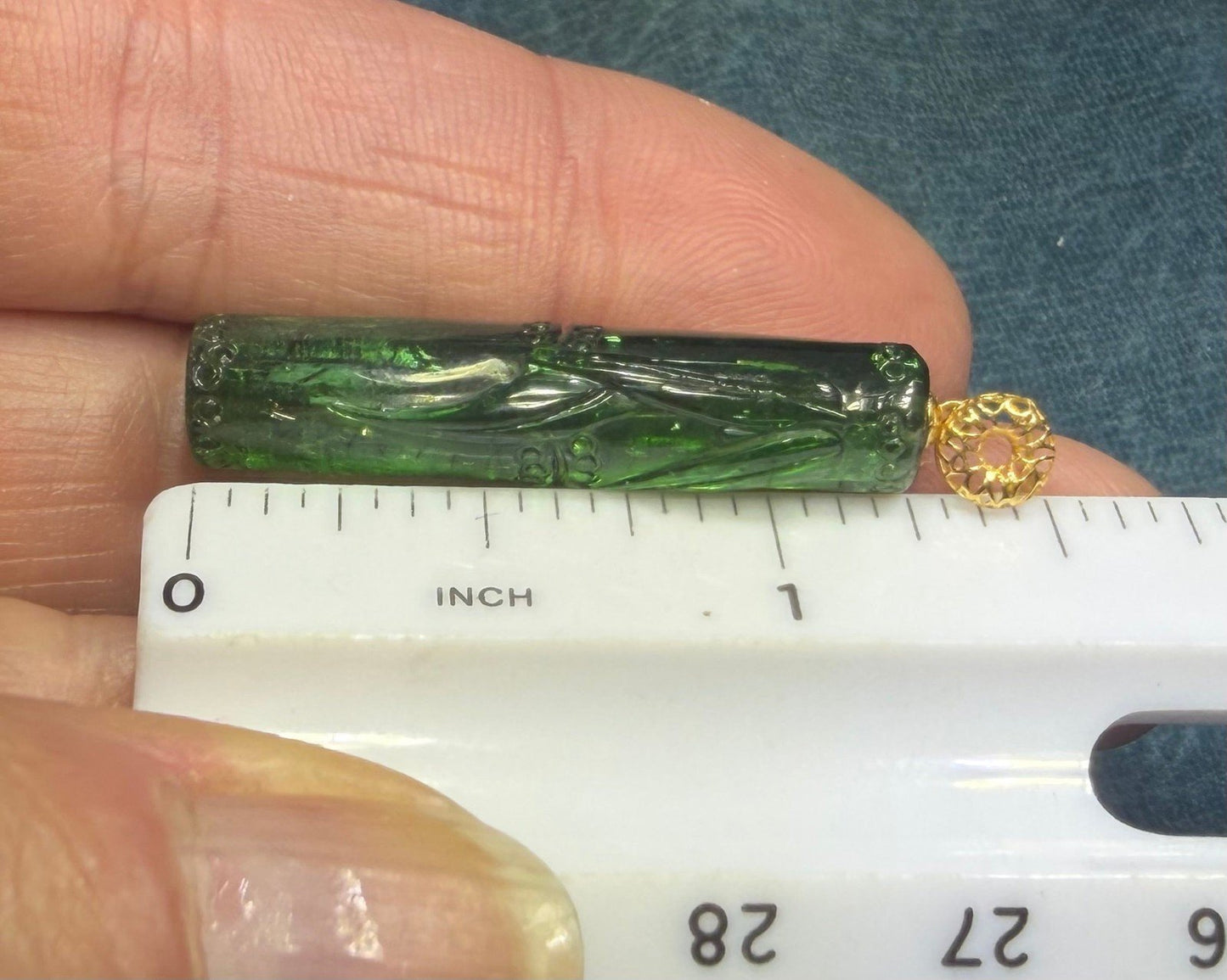 18k Gold Carved Green Tourmaline BAMBOO Pendant. Large 1.5" *Video*