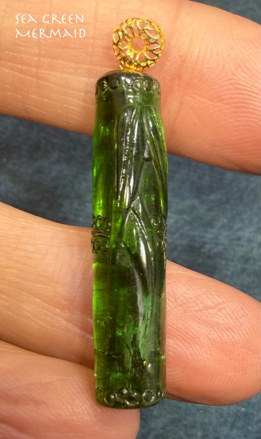 18k Gold Carved Green Tourmaline BAMBOO Pendant. Large 1.5" *Video*