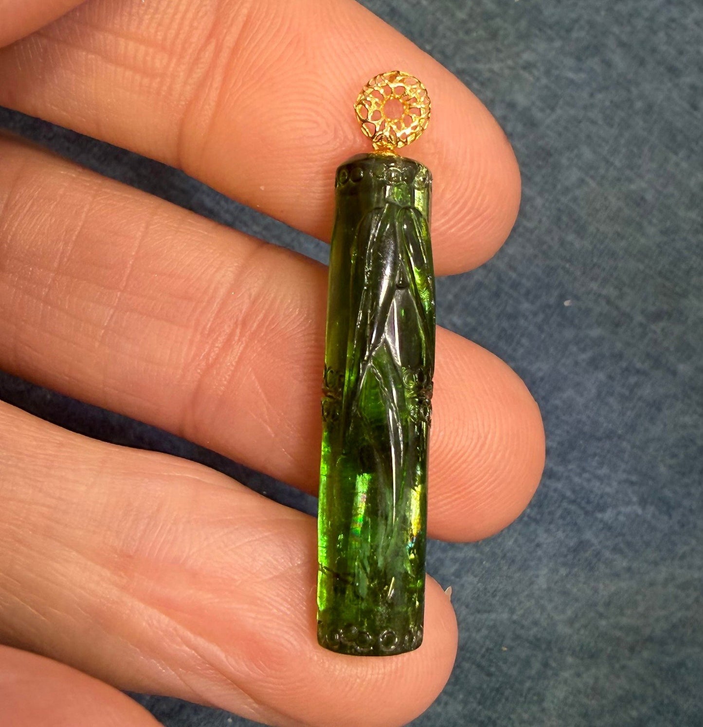 18k Gold Carved Green Tourmaline BAMBOO Pendant. Large 1.5" *Video*