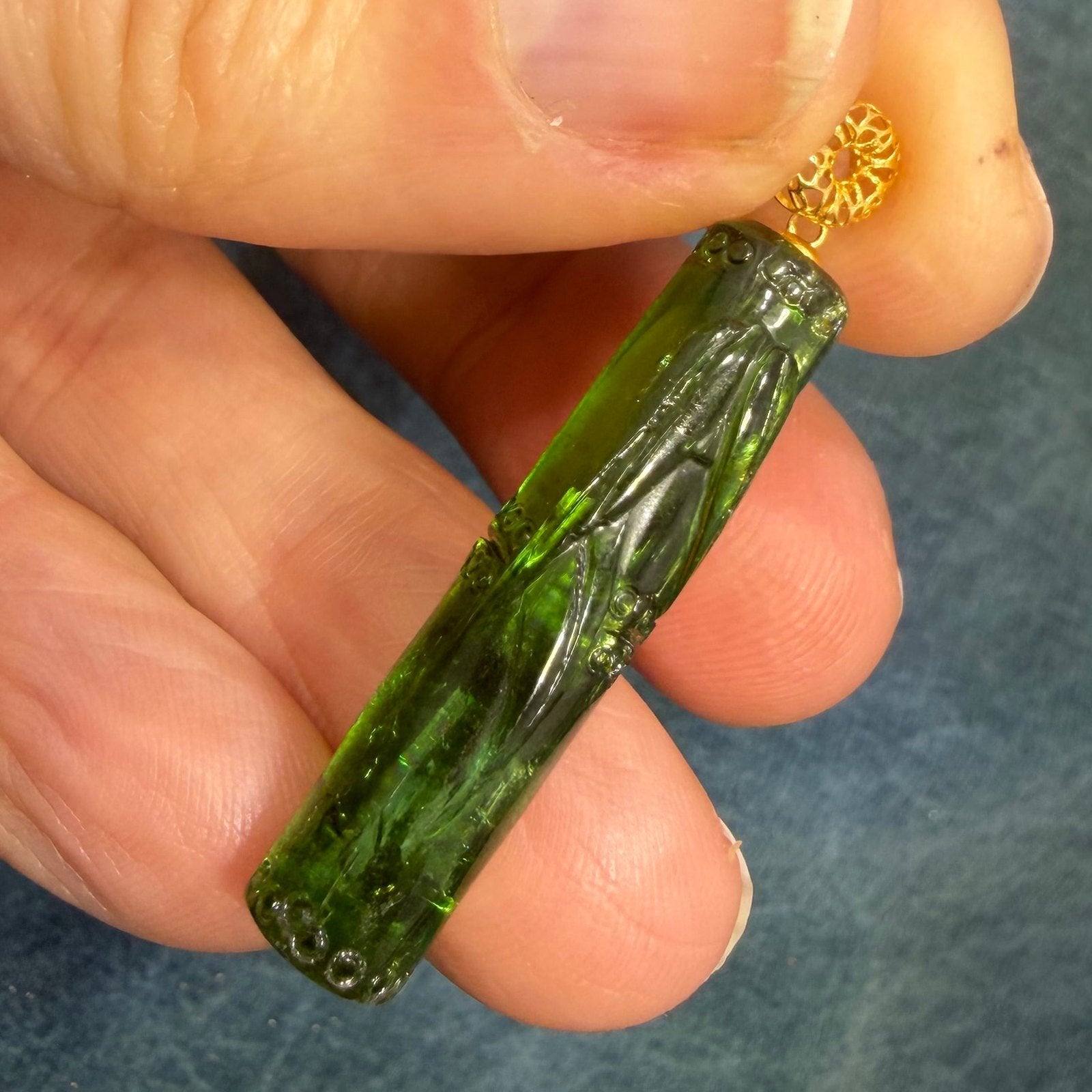 18k Gold Carved Green Tourmaline BAMBOO Pendant. Large 1.5" *Video*