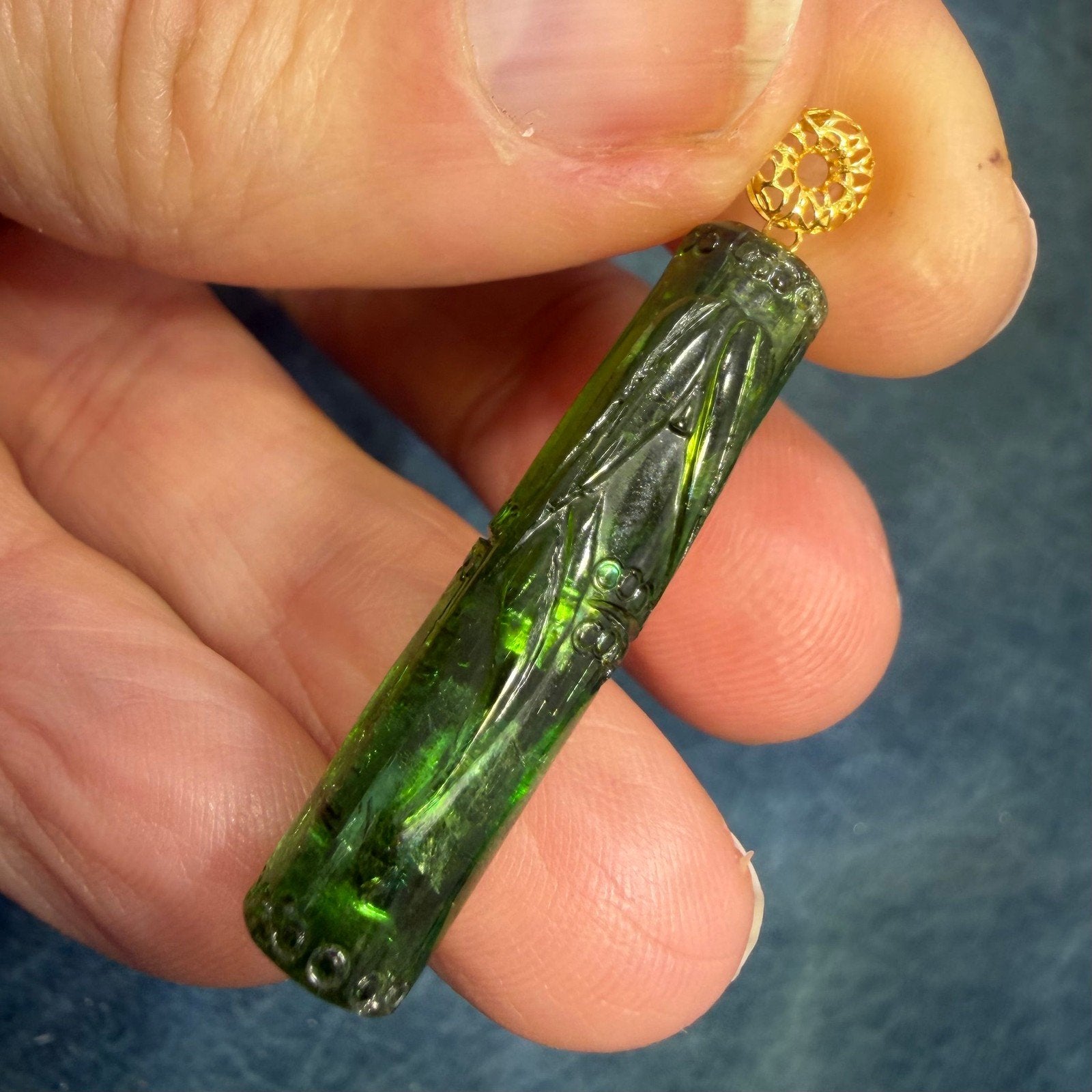 18k Gold Carved Green Tourmaline BAMBOO Pendant. Large 1.5" *Video*