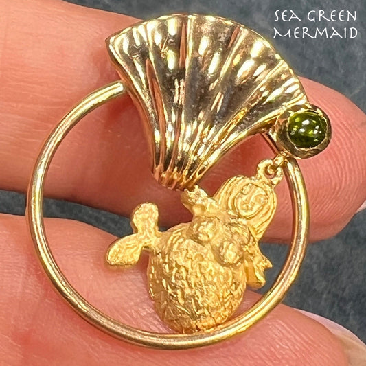 18k Gold Chubby Mermaid in 14k Seashell Circle Pendant. Tourmaline