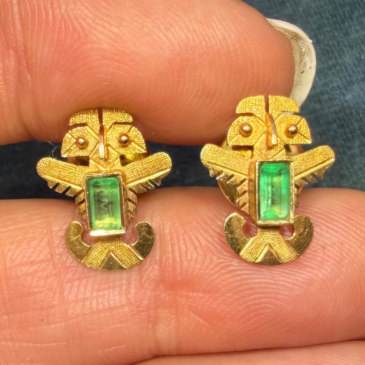 18k Gold Columbian Emerald Incan Feathered Serpent God Earrings