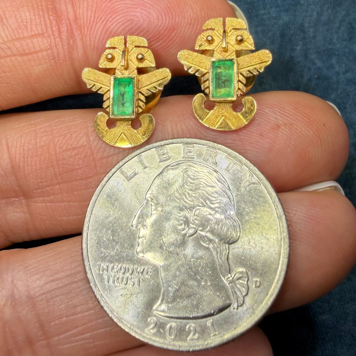 18k Gold Columbian Emerald Incan Feathered Serpent God Earrings