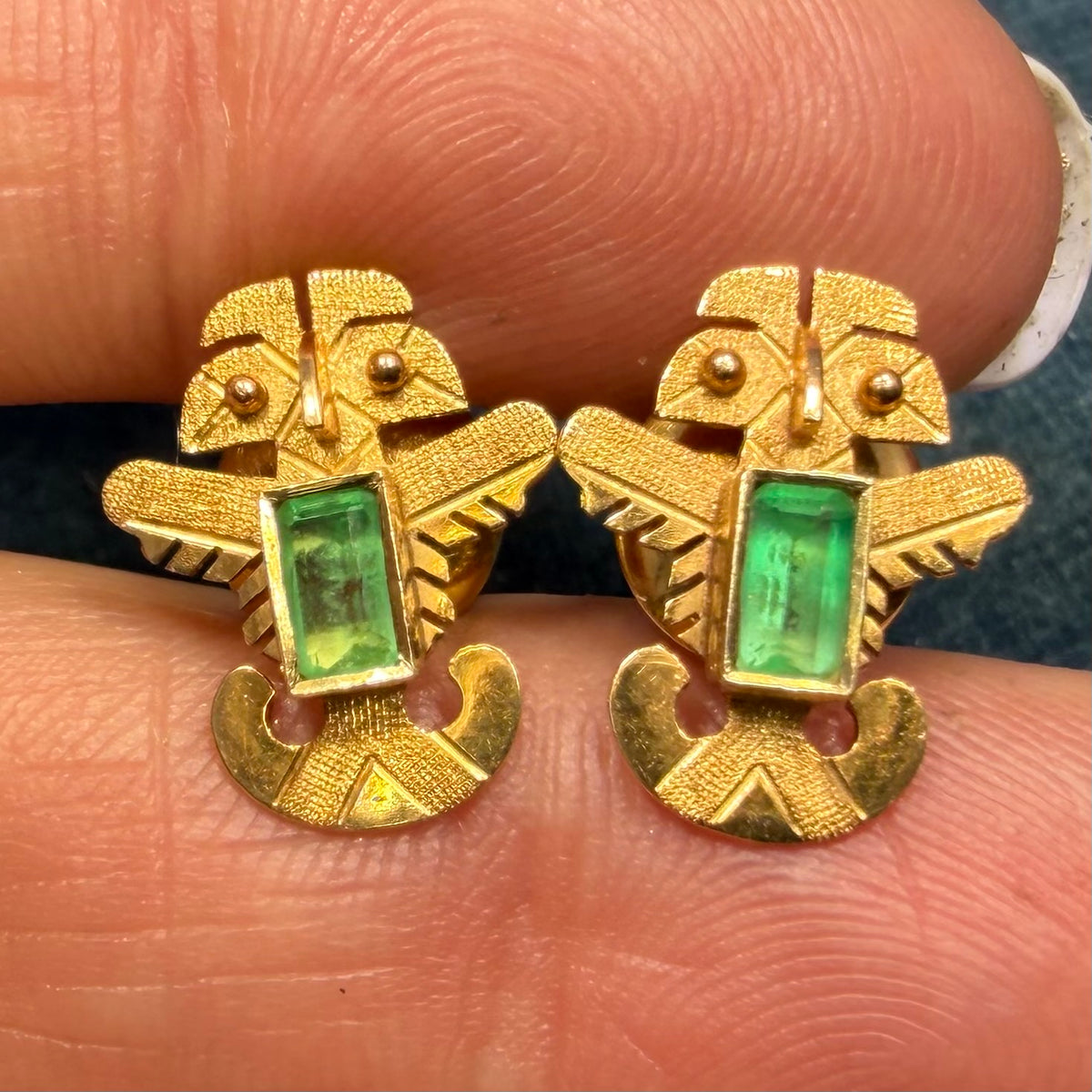 18k Gold Columbian Emerald Incan Feathered Serpent God Earrings