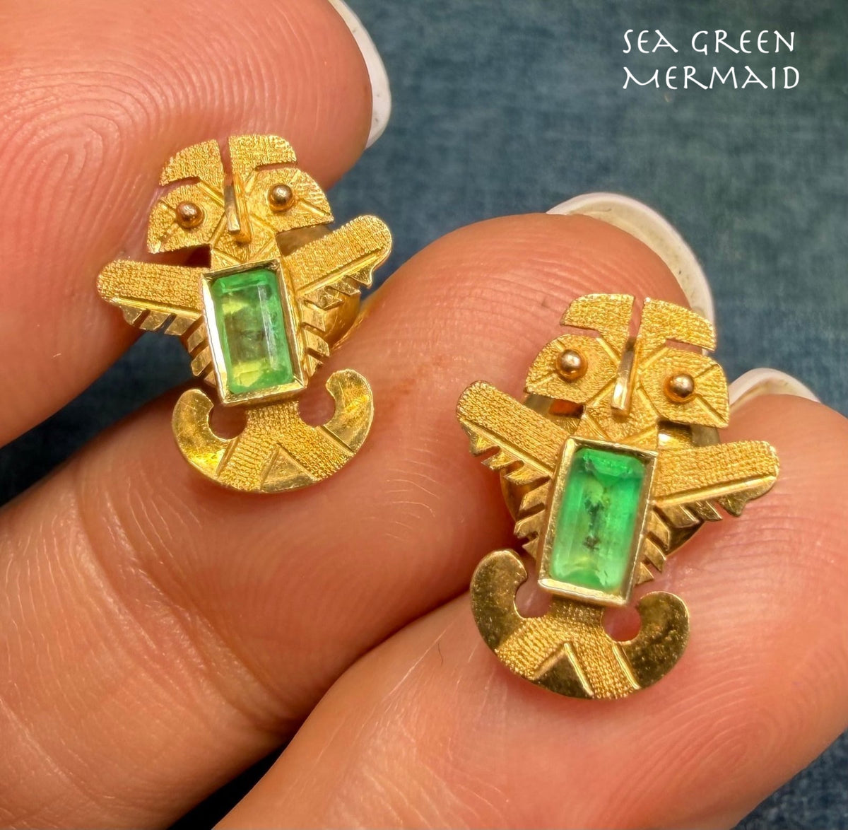 18k Gold Columbian Emerald Incan Feathered Serpent God Earrings