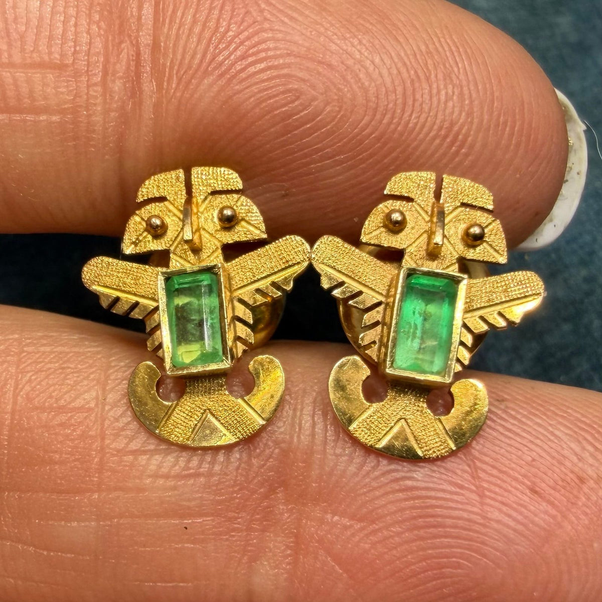 18k Gold Columbian Emerald Incan Feathered Serpent God Earrings