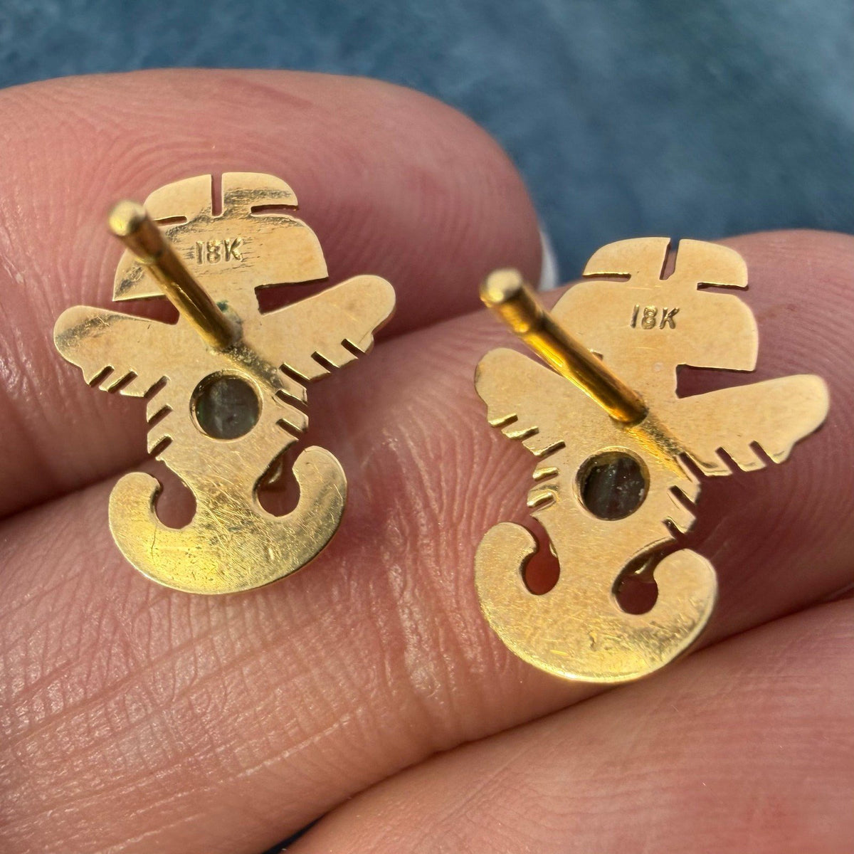 18k Gold Columbian Emerald Incan Feathered Serpent God Earrings