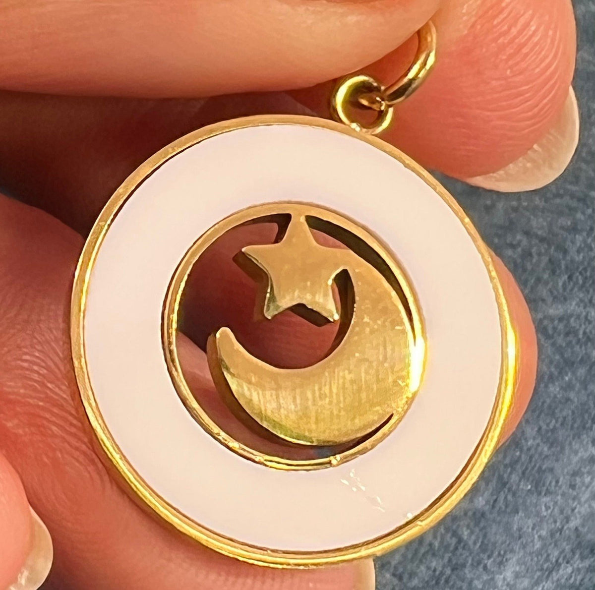 18k Gold Crescent Moon + Star Celestial Circle Pendant. Reversible