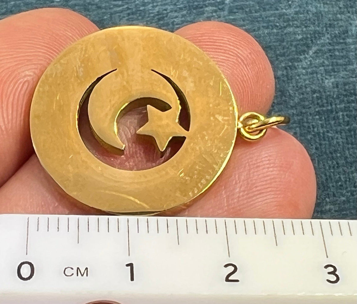 18k Gold Crescent Moon + Star Celestial Circle Pendant. Reversible