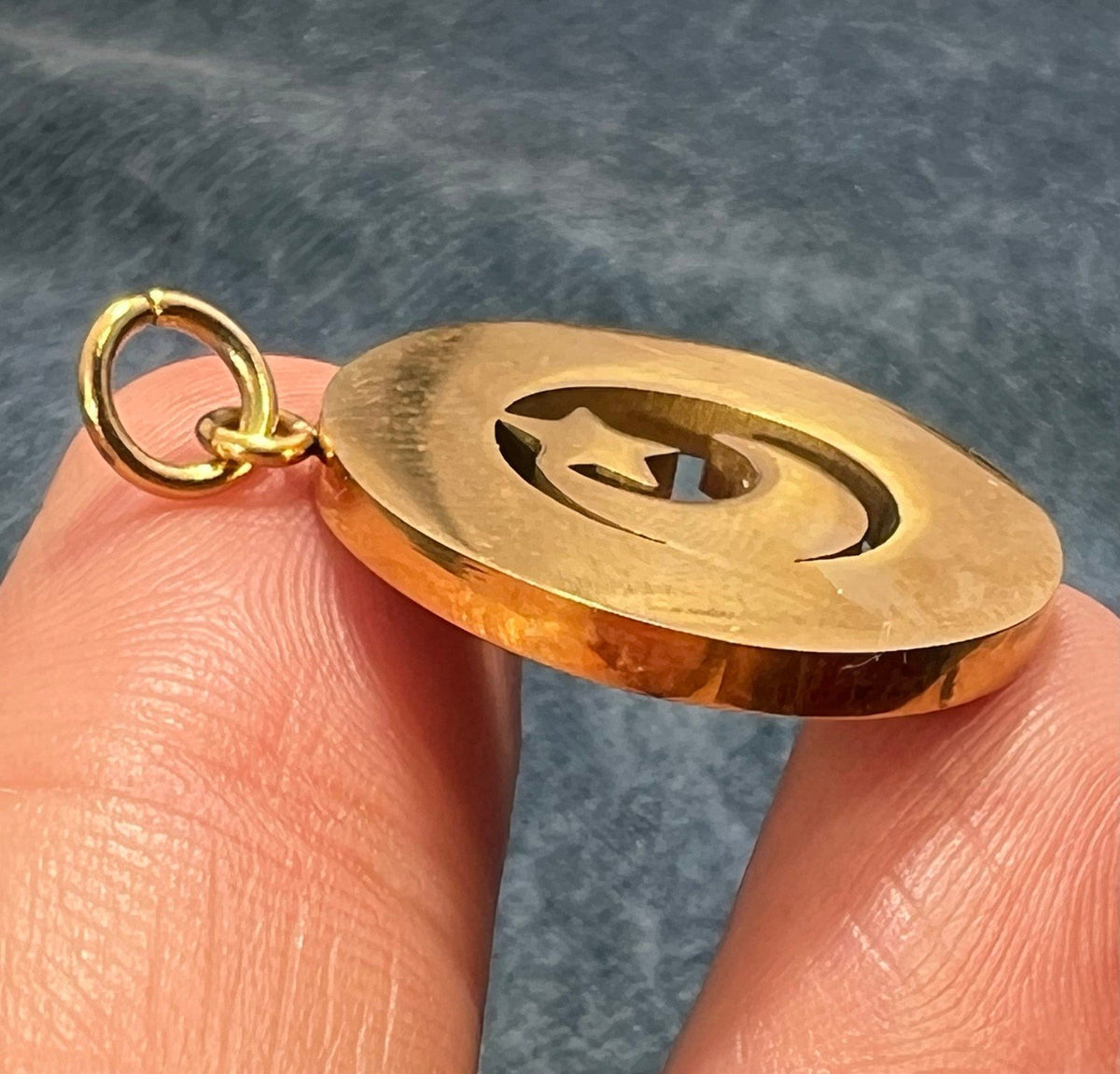 18k Gold Crescent Moon + Star Celestial Circle Pendant. Reversible