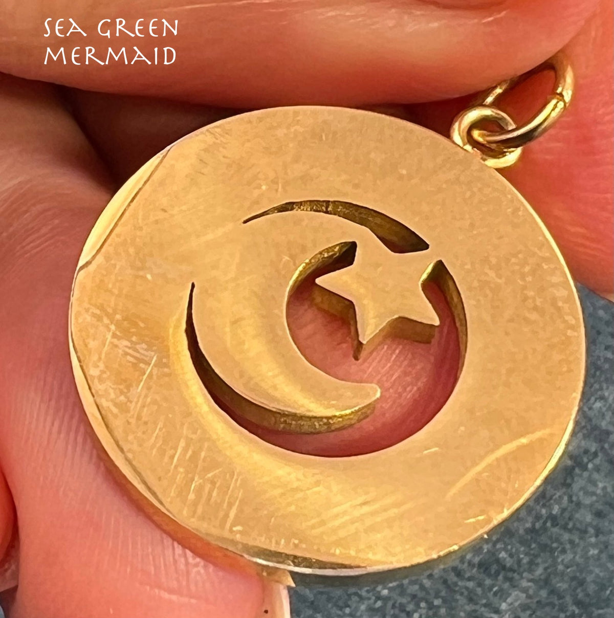 18k Gold Crescent Moon + Star Celestial Circle Pendant. Reversible