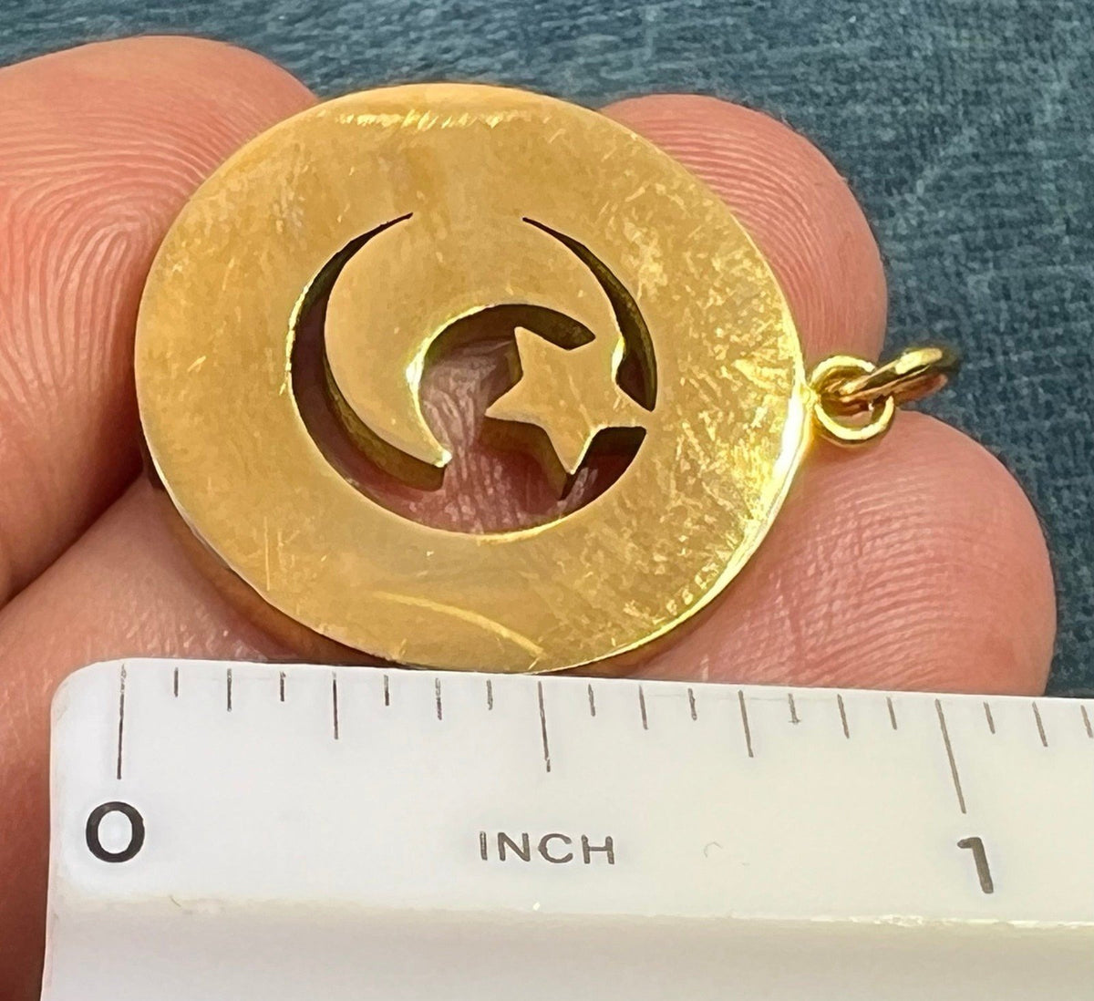 18k Gold Crescent Moon + Star Celestial Circle Pendant. Reversible