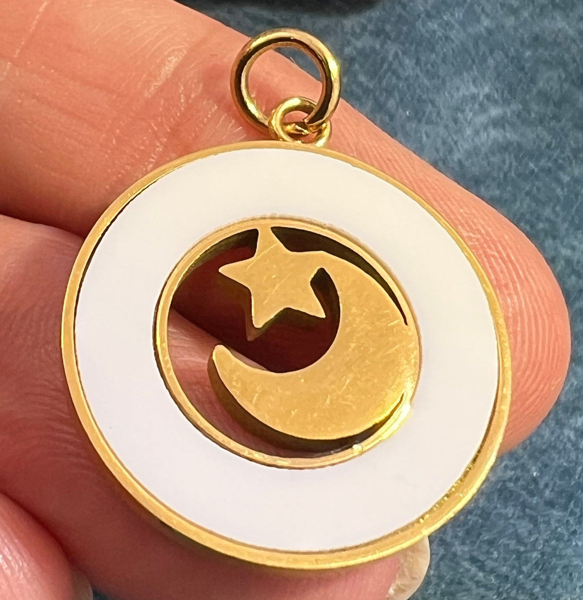 18k Gold Crescent Moon + Star Celestial Circle Pendant. Reversible