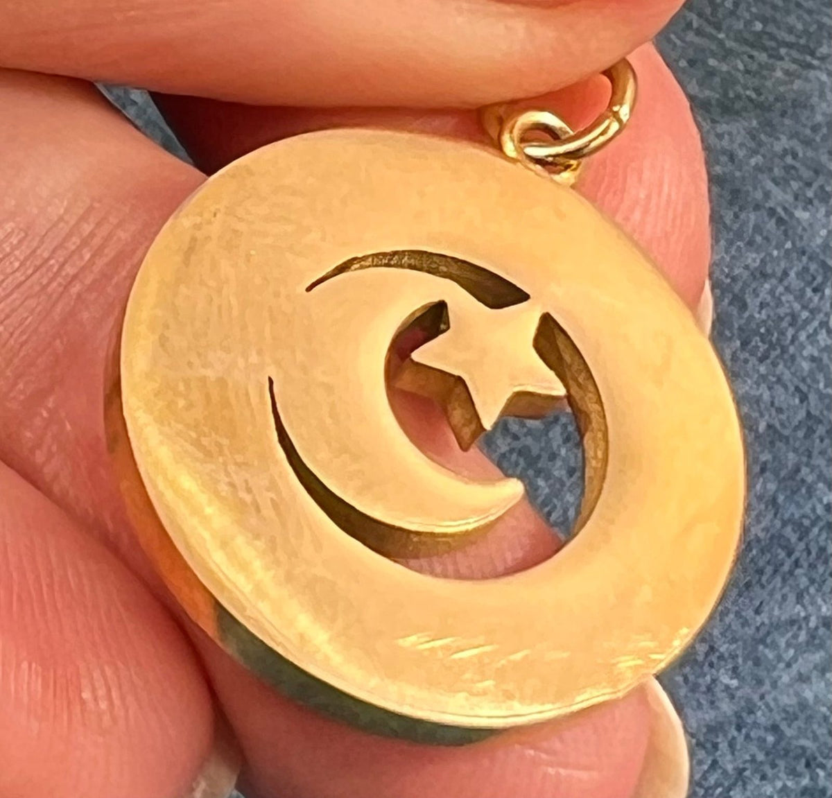 18k Gold Crescent Moon + Star Celestial Circle Pendant. Reversible