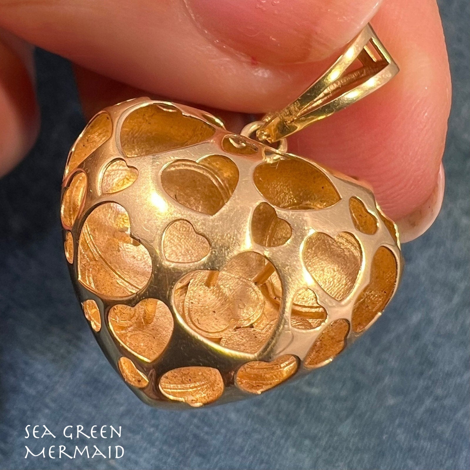 18k Gold Designer Heart Pendant. Reversible Enamel + Cut-Out Hearts