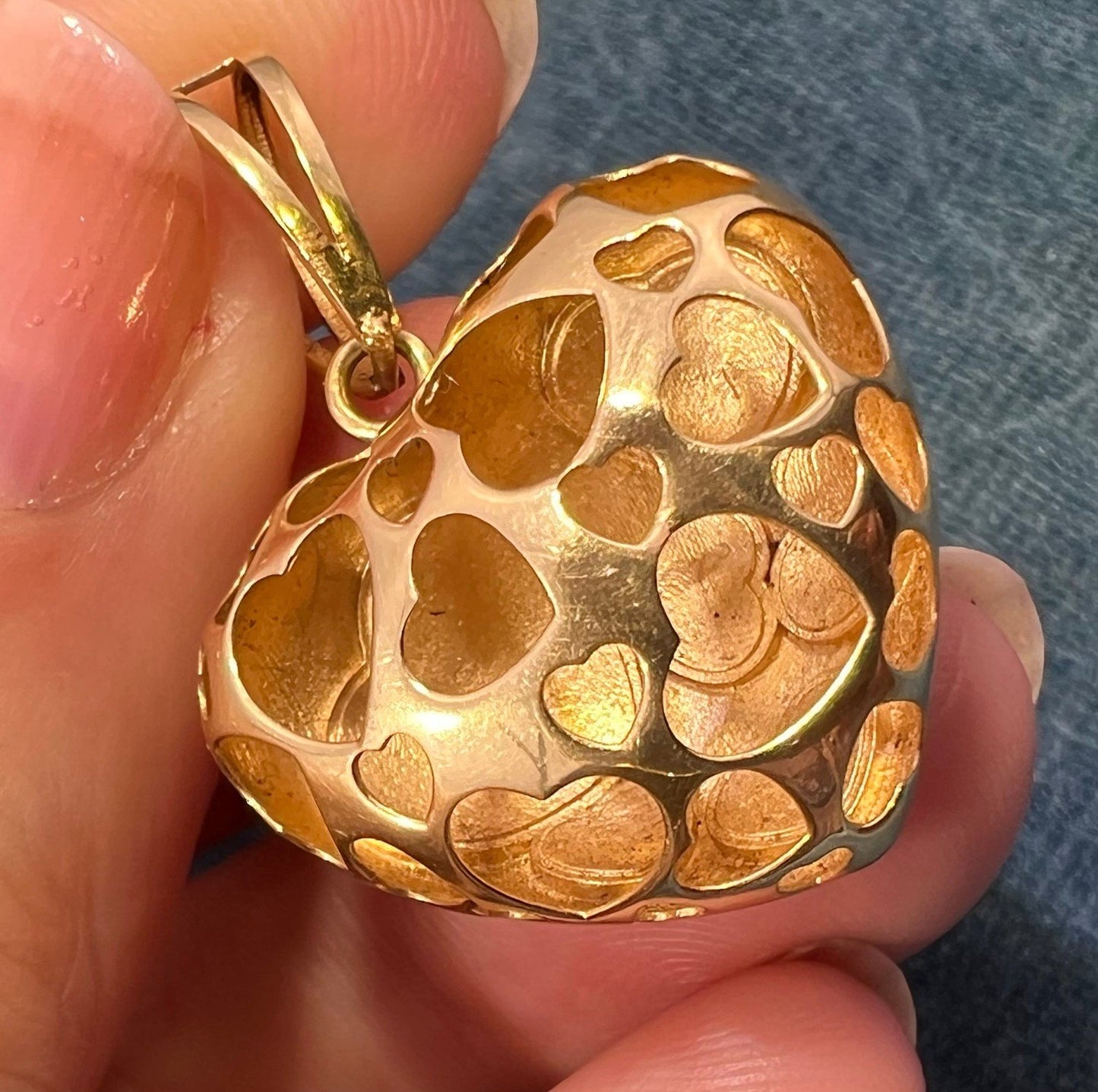 18k Gold Designer Heart Pendant. Reversible Enamel + Cut-Out Hearts