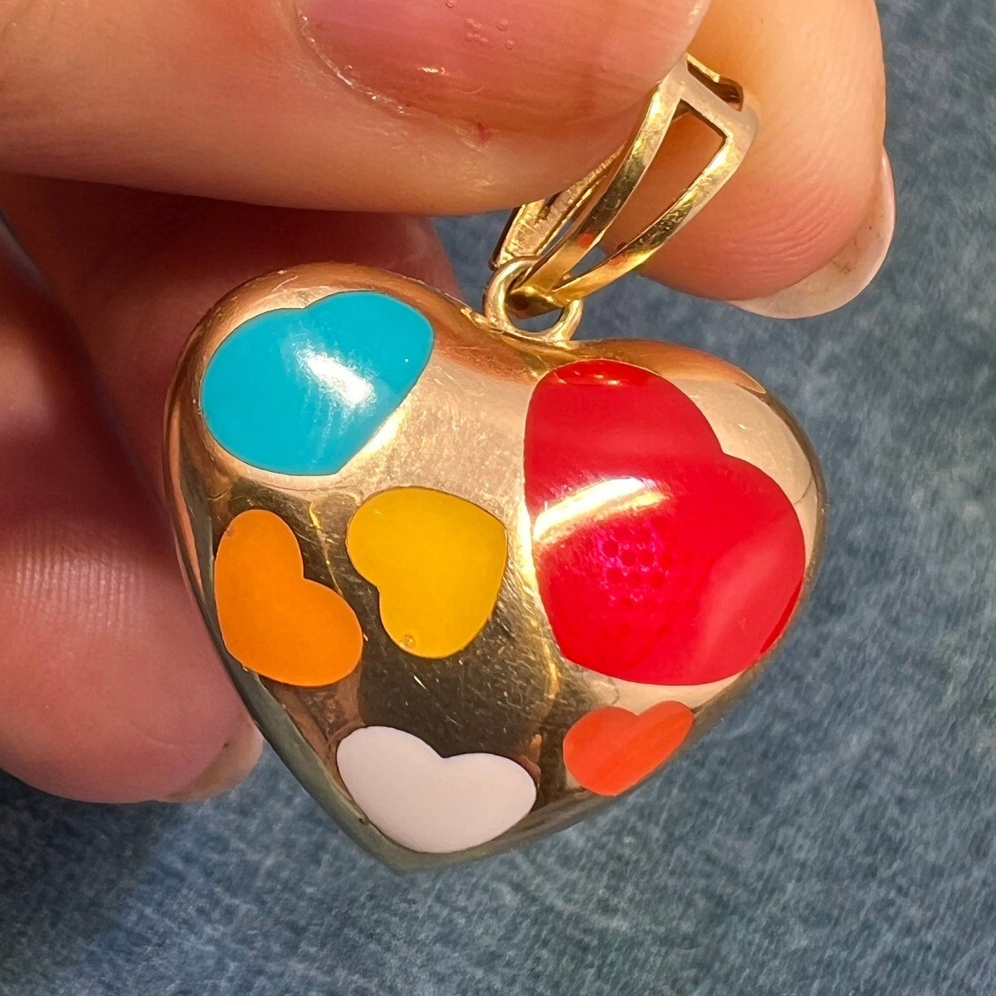 18k Gold Designer Heart Pendant. Reversible Enamel + Cut-Out Hearts