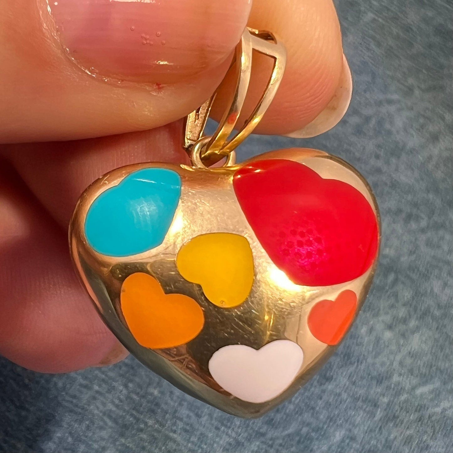 18k Gold Designer Heart Pendant. Reversible Enamel + Cut-Out Hearts