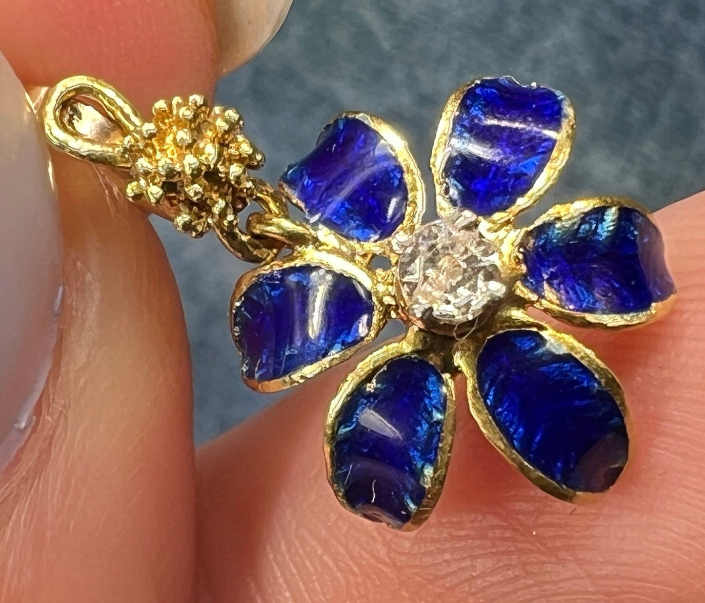 18k Gold Diamond + Cobalt Blue Enamel Daisy Pendant. Victorian