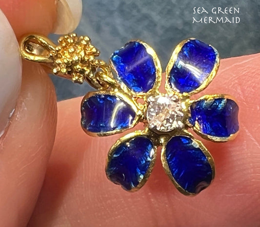 18k Gold Diamond + Cobalt Blue Enamel Daisy Pendant. Victorian