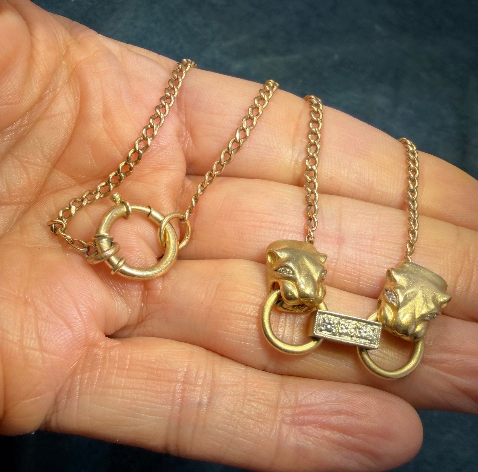 18k Gold Diamond Double Panther Necklace with 10k Chain. 12.5g *Video*