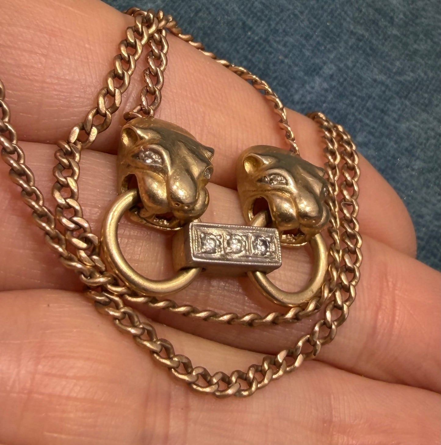 18k Gold Diamond Double Panther Necklace with 10k Chain. 12.5g *Video*