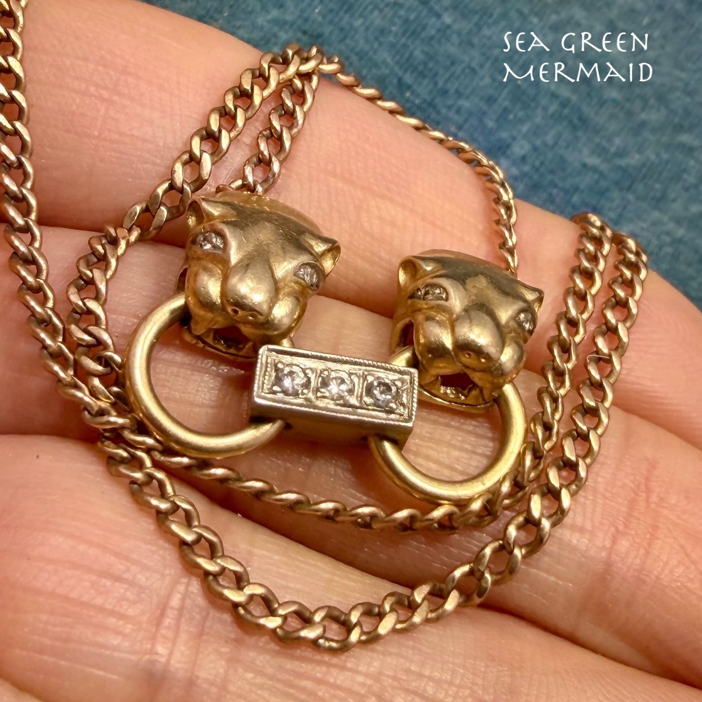 18k Gold Diamond Double Panther Necklace with 10k Chain. 12.5g *Video*