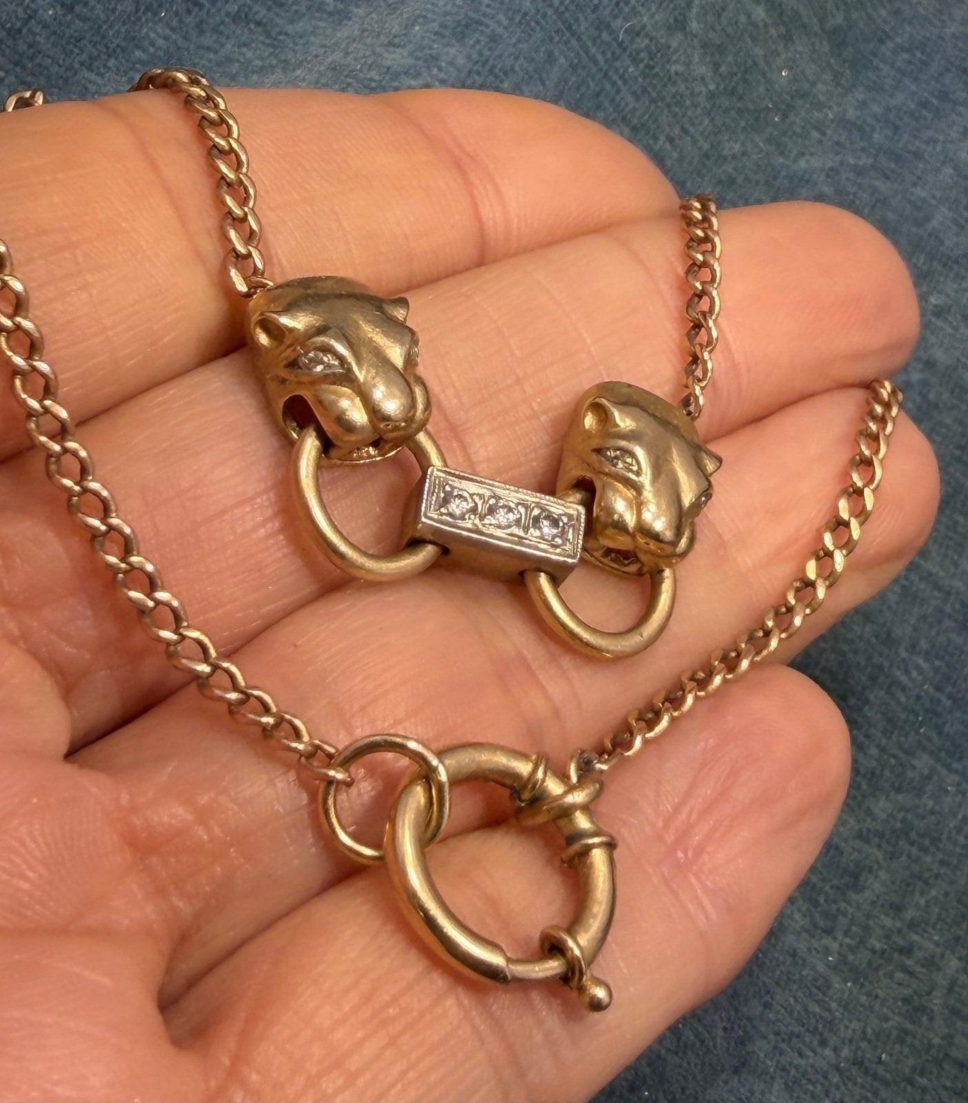 18k Gold Diamond Double Panther Necklace with 10k Chain. 12.5g *Video*