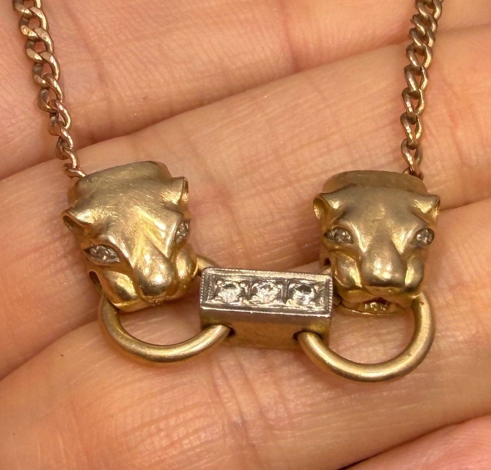 18k Gold Diamond Double Panther Necklace with 10k Chain. 12.5g *Video*