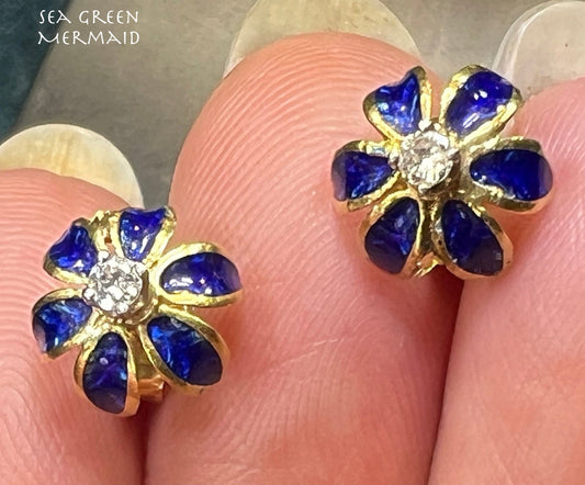 18k Gold Diamond Earrings w Cobalt Blue Enamel Daisies. Victorian