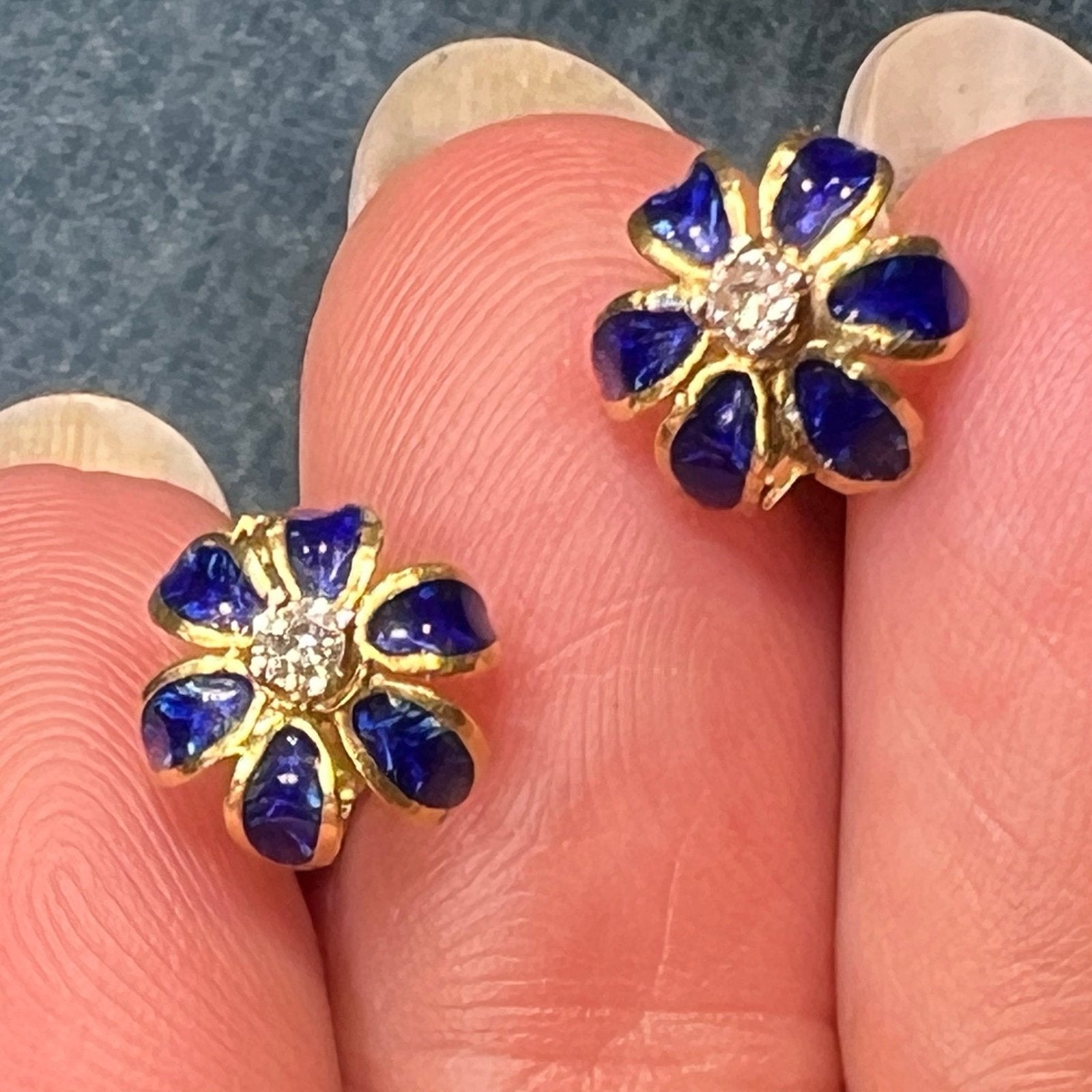 18k Gold Diamond Earrings w Cobalt Blue Enamel Daisies. Victorian