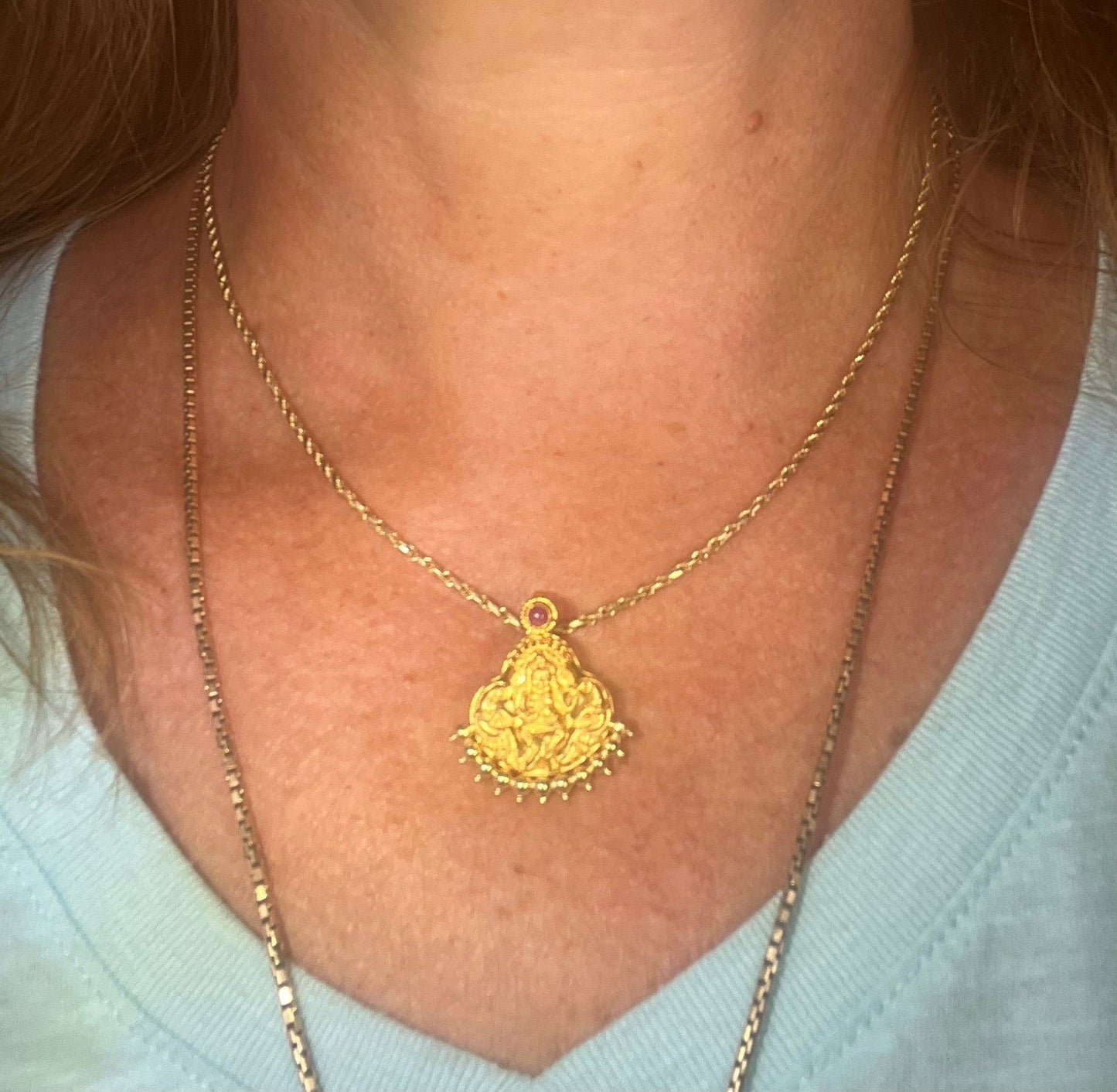 18k Gold Hindu LAKSHMI Prosperity Goddess Pendant w Ruby