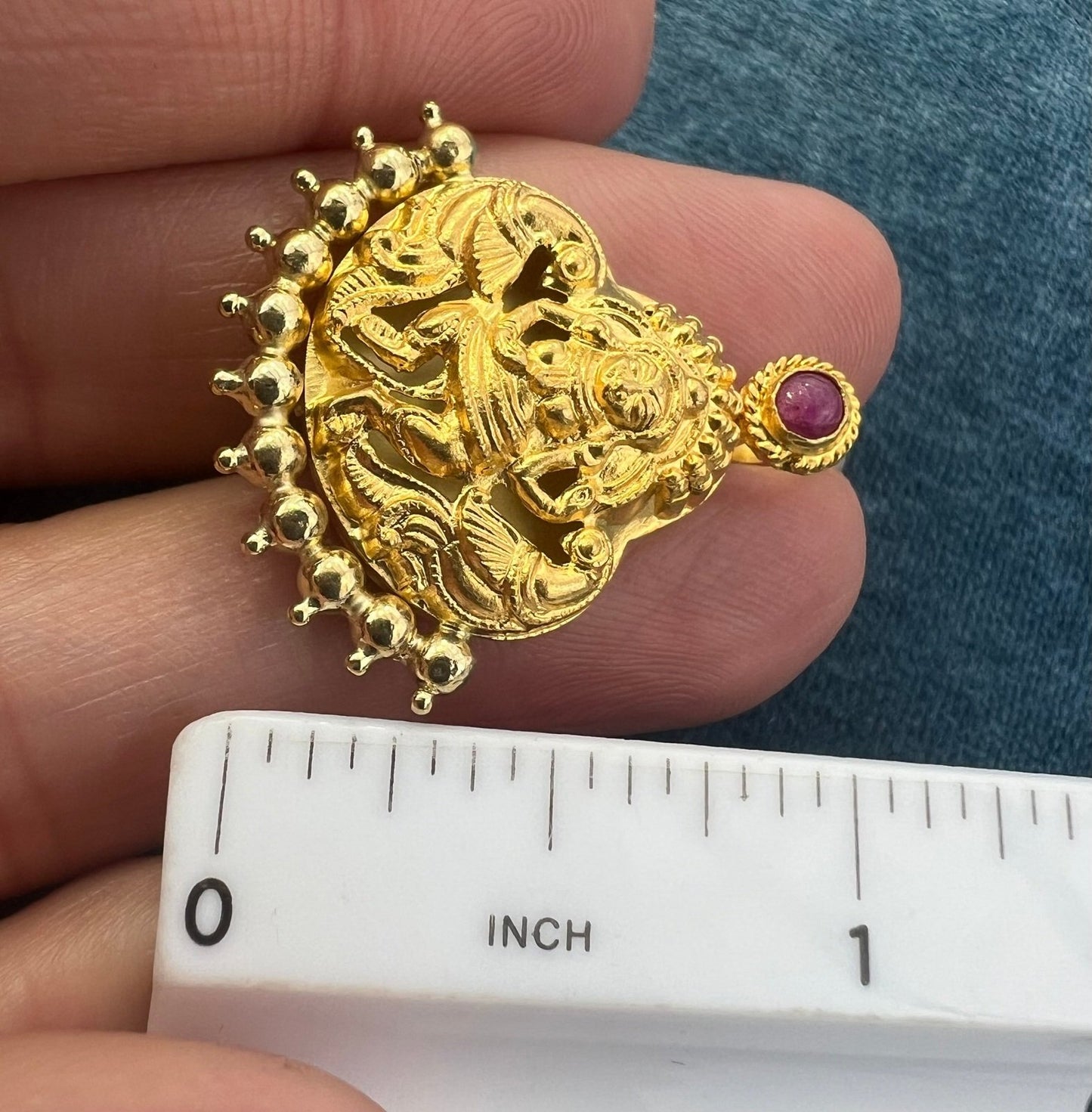 18k Gold Hindu LAKSHMI Prosperity Goddess Pendant w Ruby