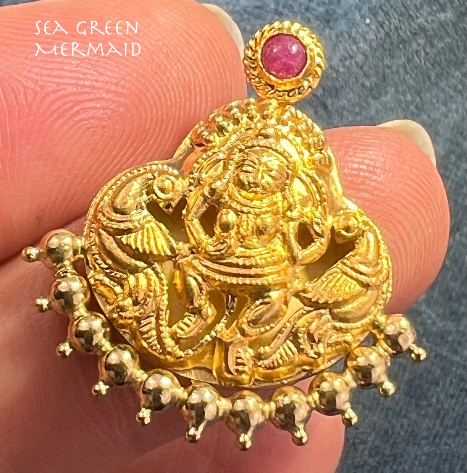 18k Gold Hindu LAKSHMI Prosperity Goddess Pendant w Ruby