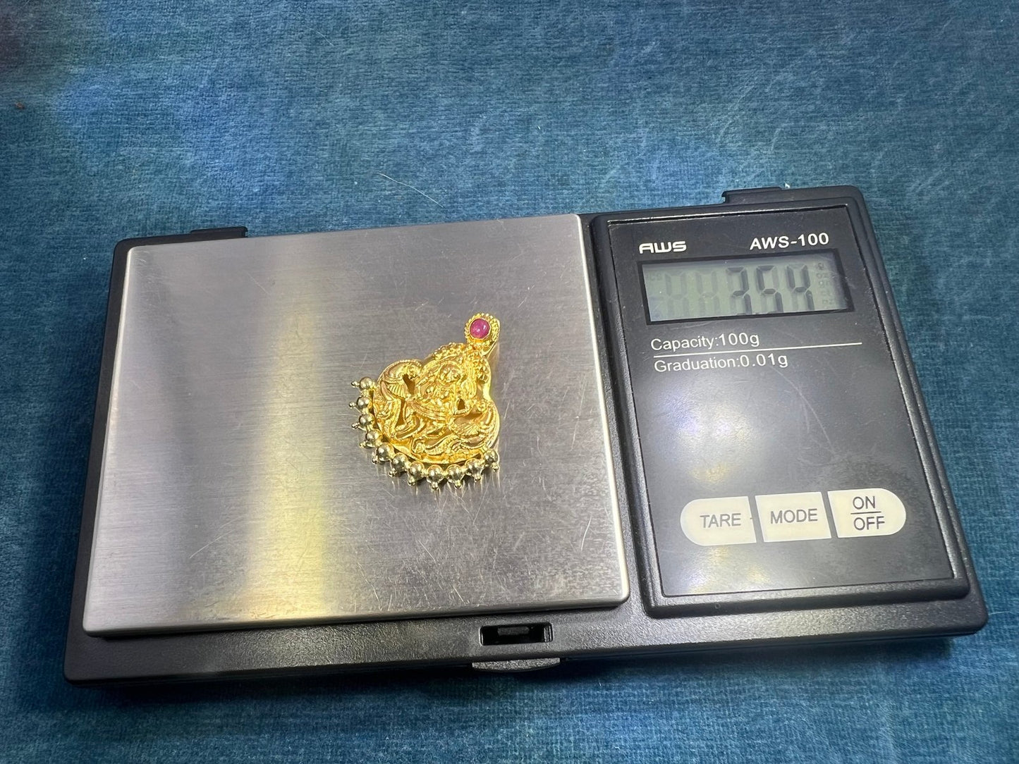 18k Gold Hindu LAKSHMI Prosperity Goddess Pendant w Ruby