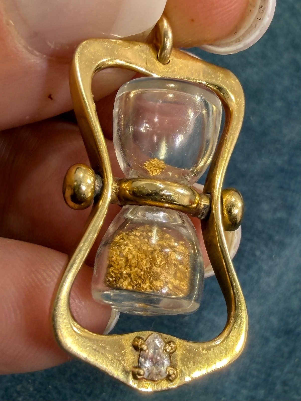 18k Gold Hourglass Timer Pendant w Pear Cut Diamond. 8g 1.2" *Video*