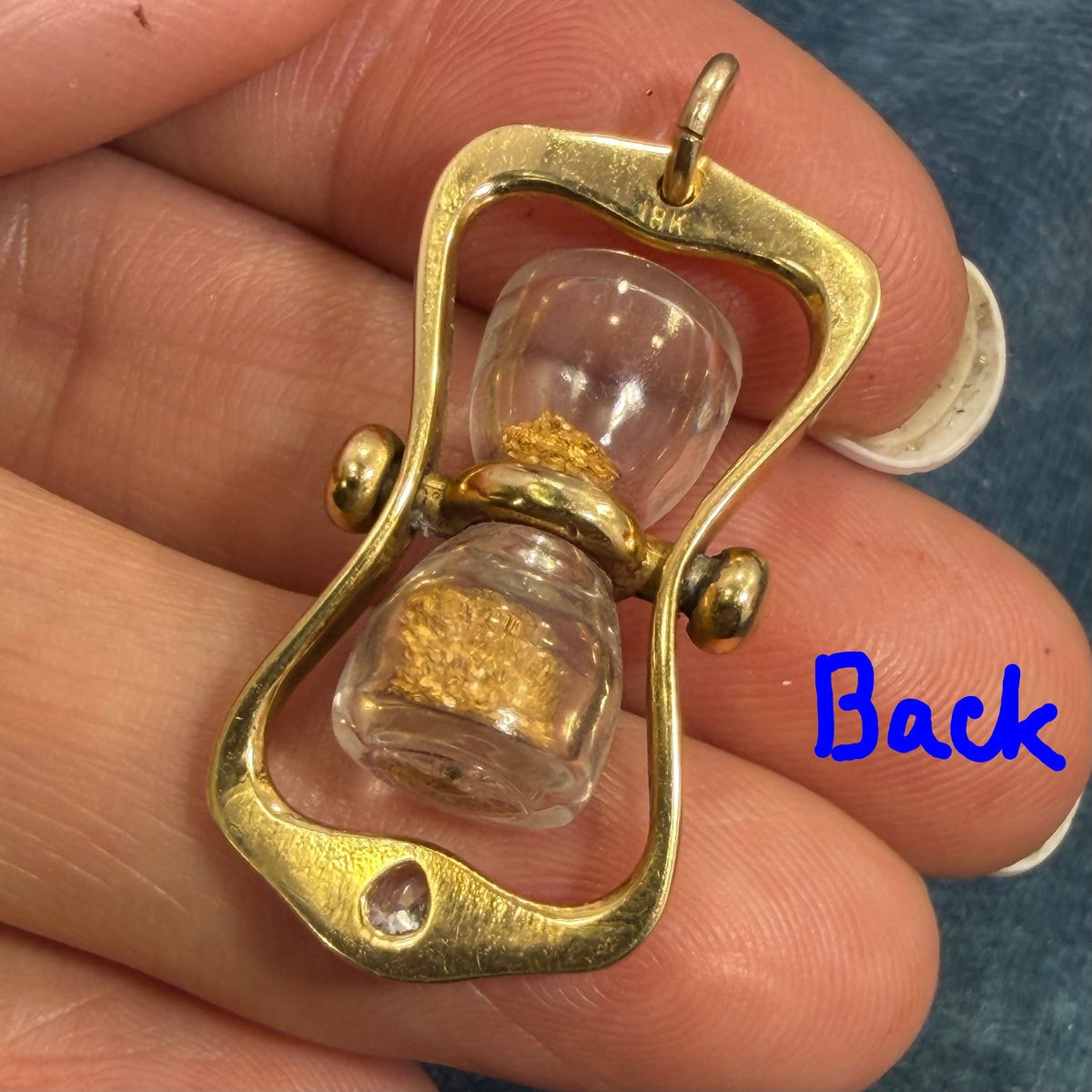 18k Gold Hourglass Timer Pendant w Pear Cut Diamond. 8g 1.2" *Video*