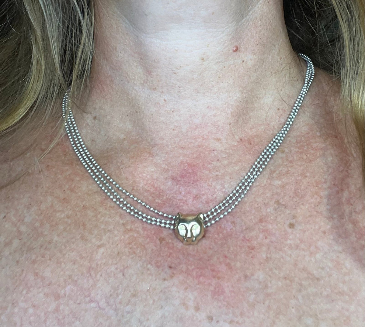 18k Gold Panther Pendant & 925 Triple Ball Chain Necklace. Designer.