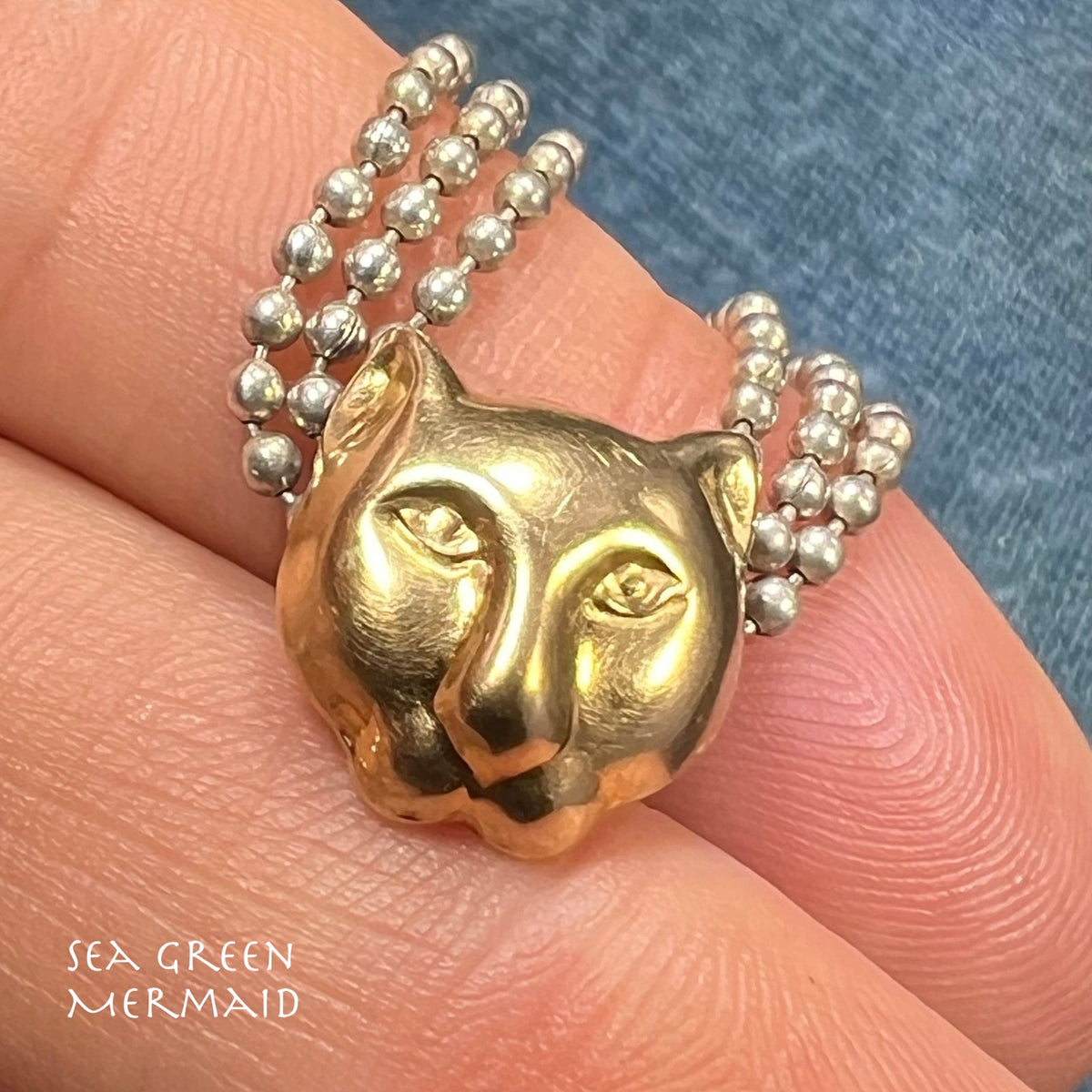 18k Gold Panther Pendant & 925 Triple Ball Chain Necklace. Designer.