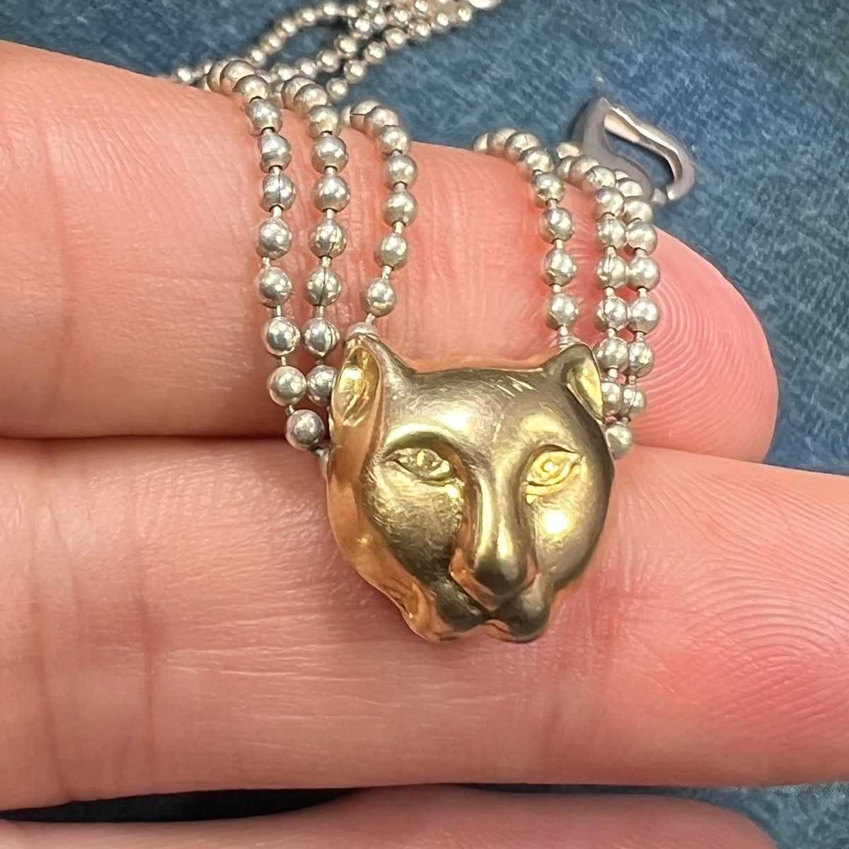 18k Gold Panther Pendant & 925 Triple Ball Chain Necklace. Designer.