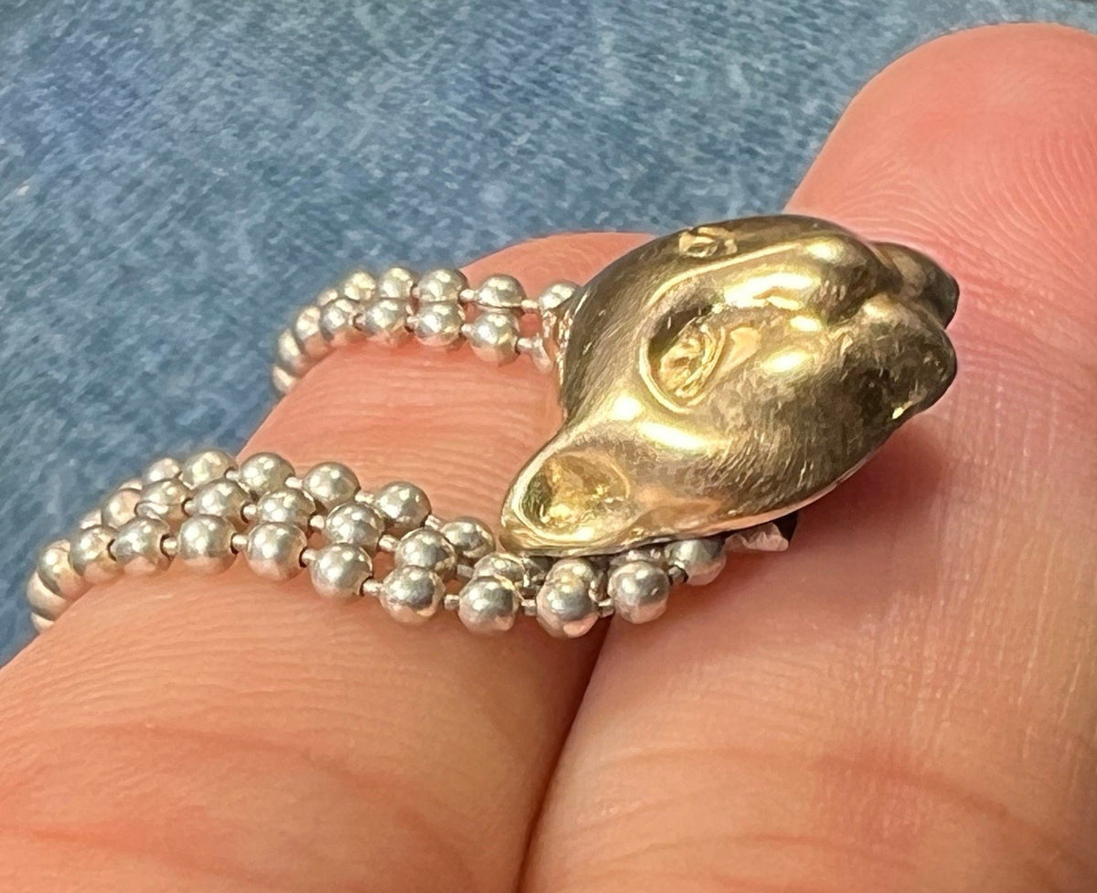 18k Gold Panther Pendant & 925 Triple Ball Chain Necklace. Designer.